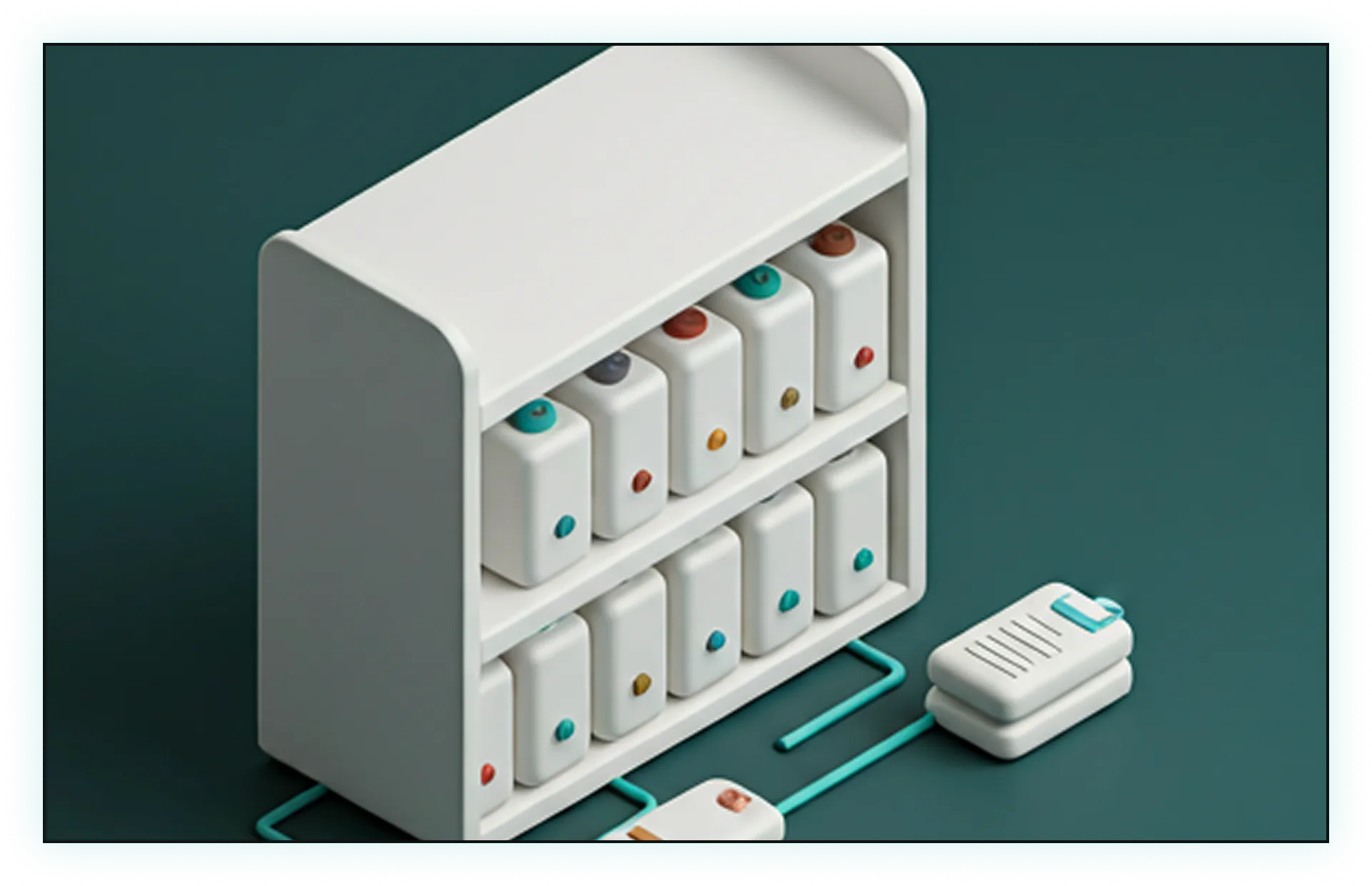 3D illustration of a white modular shelf with small white containers, each with colored buttons on top, connected by blue lines to a device on a teal background.