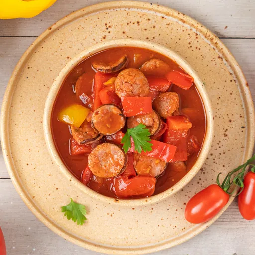 Kiełbasa pieczona na talerzu