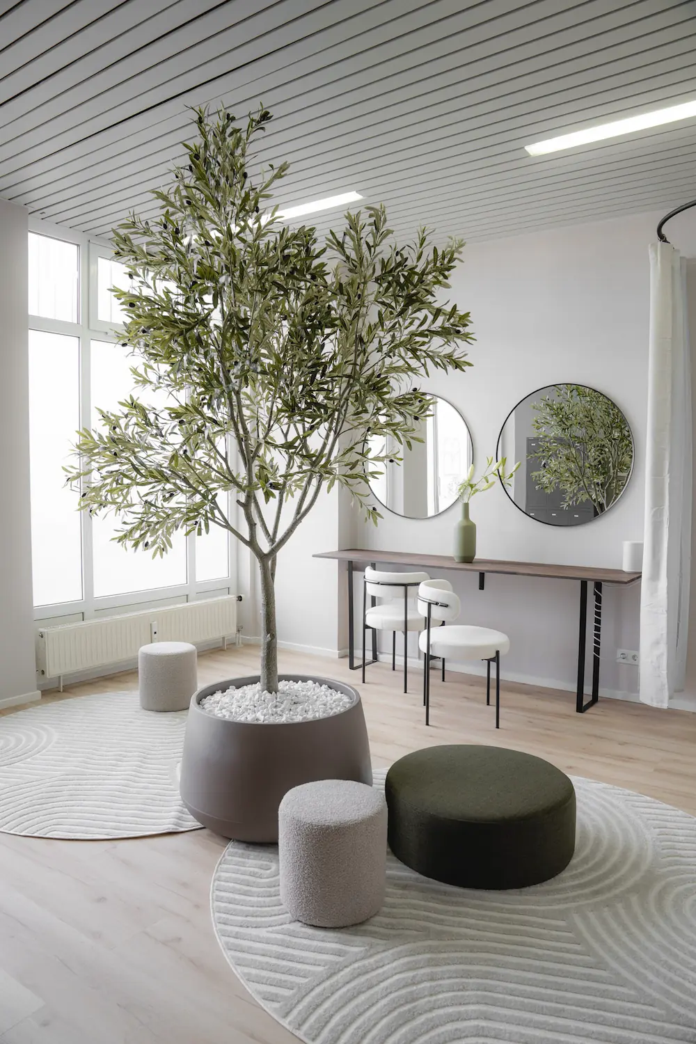 Modernes, helles Zimmer mit großem Topfbaum, zwei weißen Stühlen, rundem Spiegel und gemütlichen Sitzkissen auf strukturiertem Teppich.