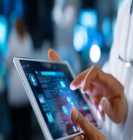 Person using a tablet displaying a futuristic medical interface with glowing blue icons and data.