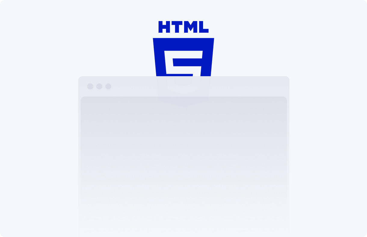 Blue HTML5 logo positioned above a minimal browser window illustration on a light background.