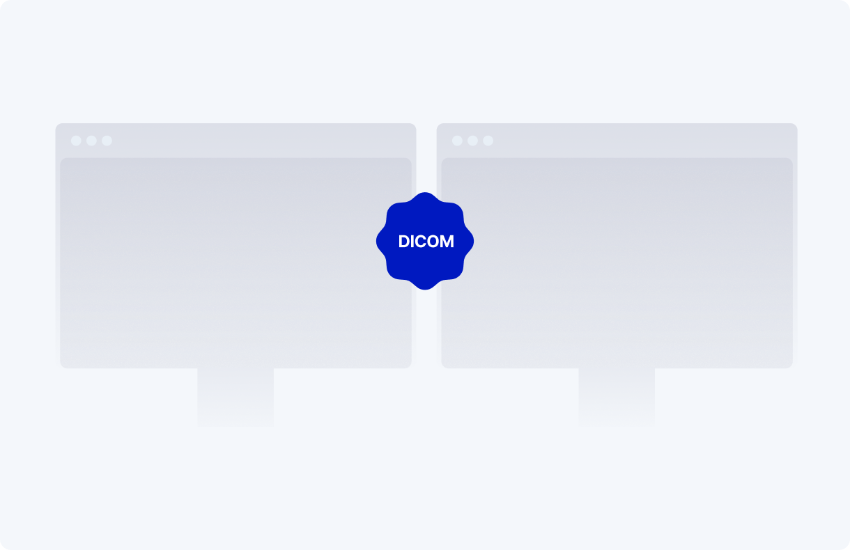 Two faint gray computer monitor outlines side by side with a blue badge labeled DICOM centered between them.