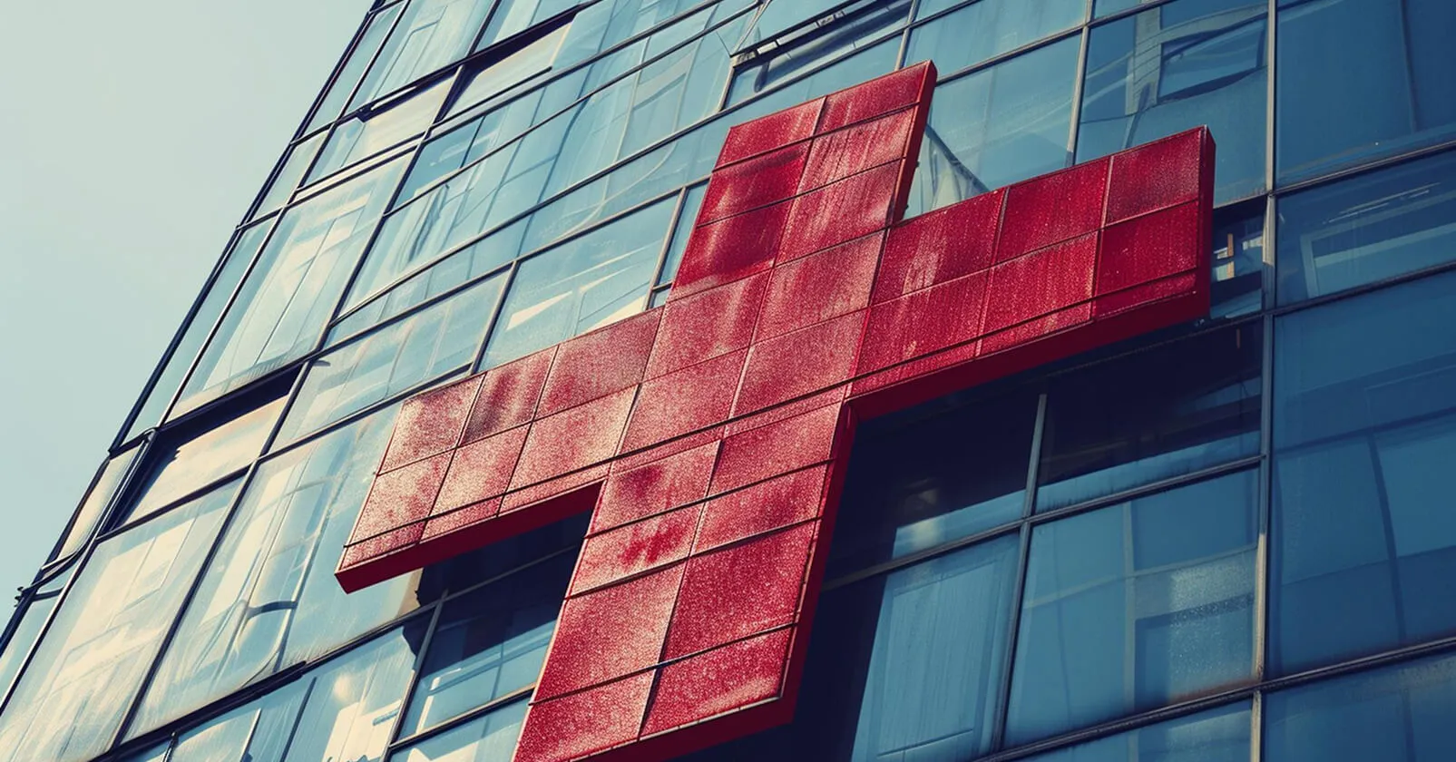 Large red cross sign on the glass facade of a modern building symbolizing medical or hospital services.