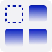 Four blue squares on a dark blue background, with the top-left square outlined by a dashed line.