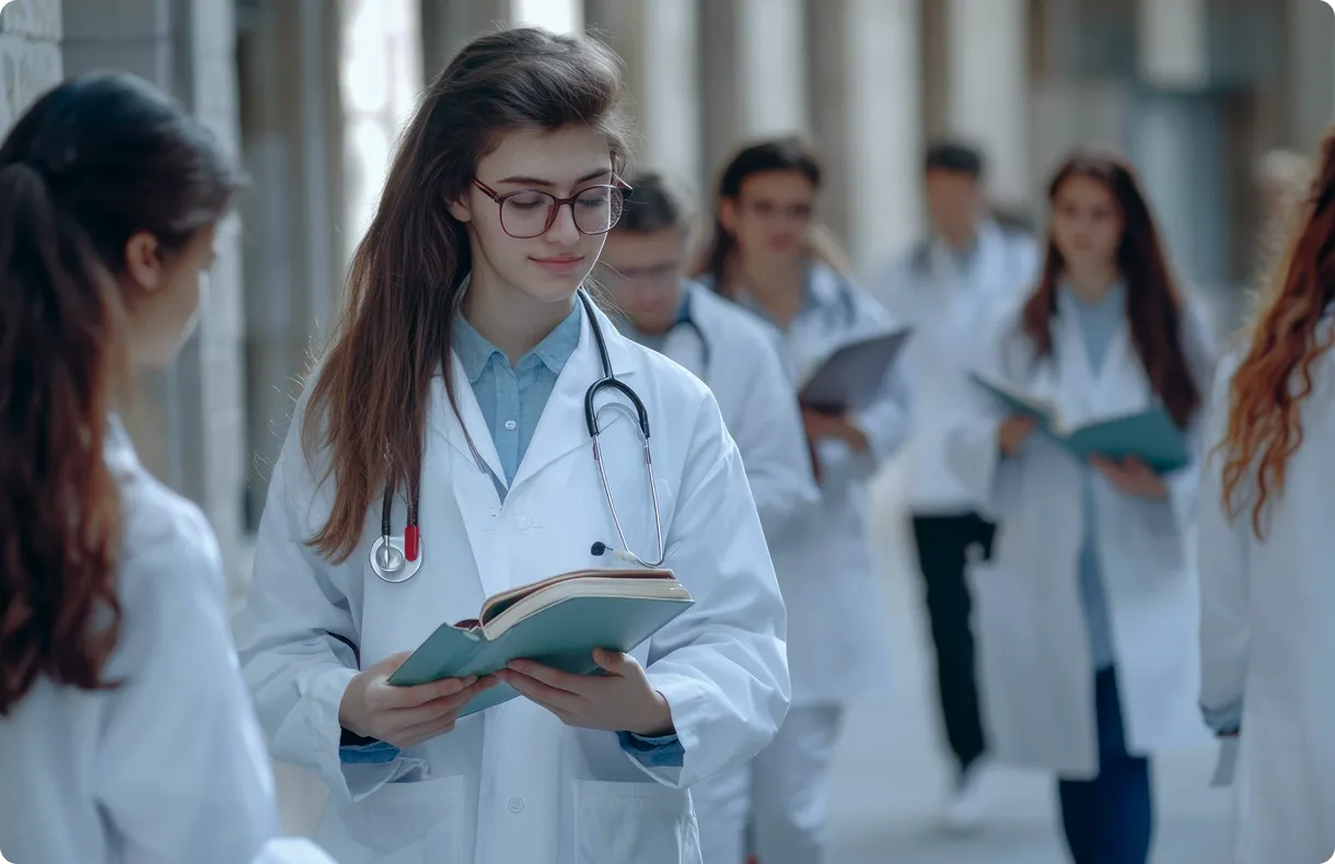 Female medical student wearing a white coat and stethoscope reading a book in a hallway with other medical students.