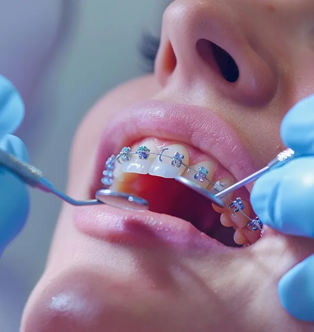 Close-up of a person’s mouth with braces as a dentist wearing blue gloves uses dental tools for examination.