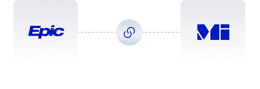 Graphic illustrating a connection link represented by a chain link icon between the Epic logo on the left and the Meditech logo on the right.