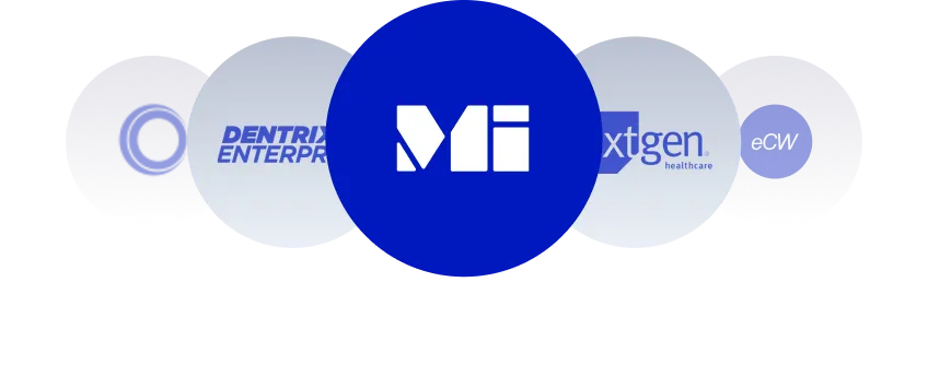 Five overlapping blue circular logos with text, including Mi in the center, Dentrix Enterprise, NextGen healthcare, and eCW.