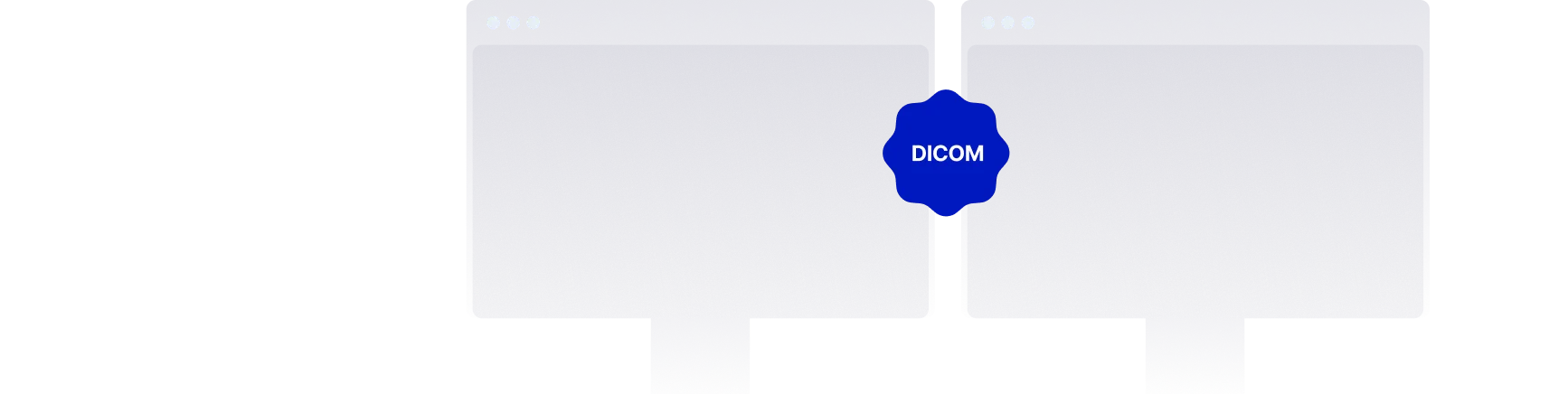 Two adjacent dark blue computer screens with a blue gear icon labeled 'DICOM' between them.