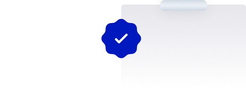 Blue badge with a white check mark inside, indicating verification or approval.