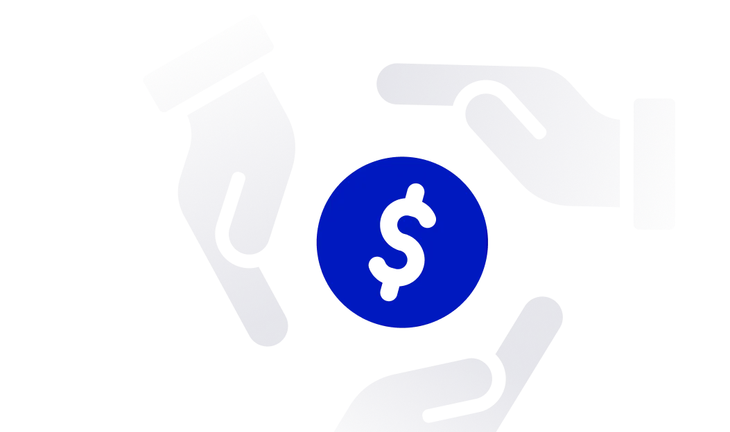 Three dark blue hands surrounding a blue circle with a black dollar sign in the center.