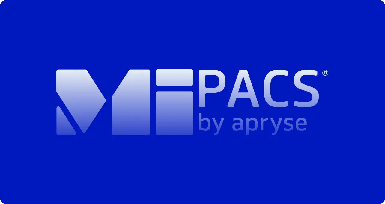 MiPACS by apryse logo with stylized M and blue background.