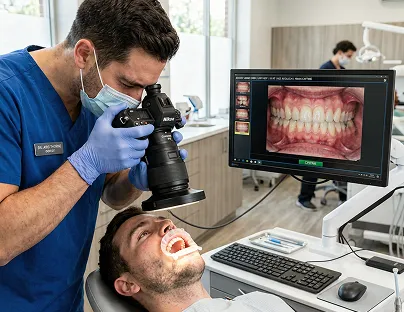 Dentist in mask and gloves using a camera to take photo of patient's open mouth, dental image shown on nearby computer monitor.