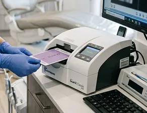 Person wearing blue gloves inserting a purple dental x-ray film into a ScanX Optic dental imaging scanner on a desk near a computer keyboard.