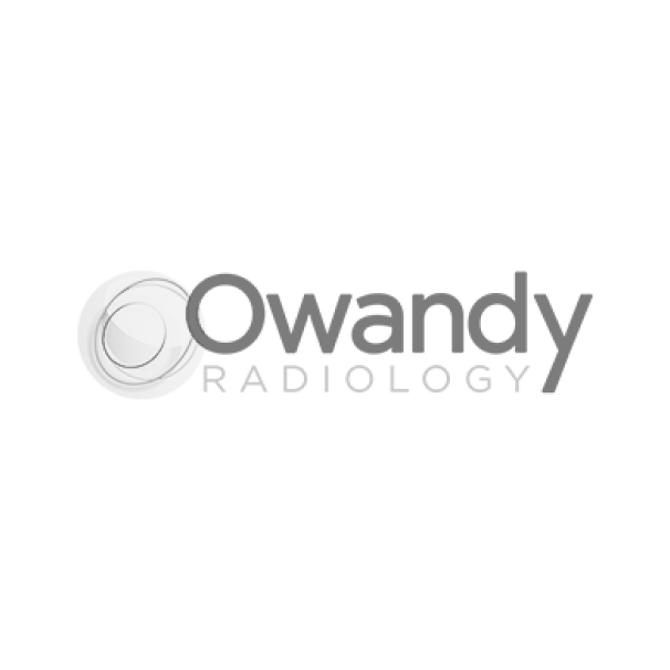 Owandy Radiology company logo with circular abstract icon.