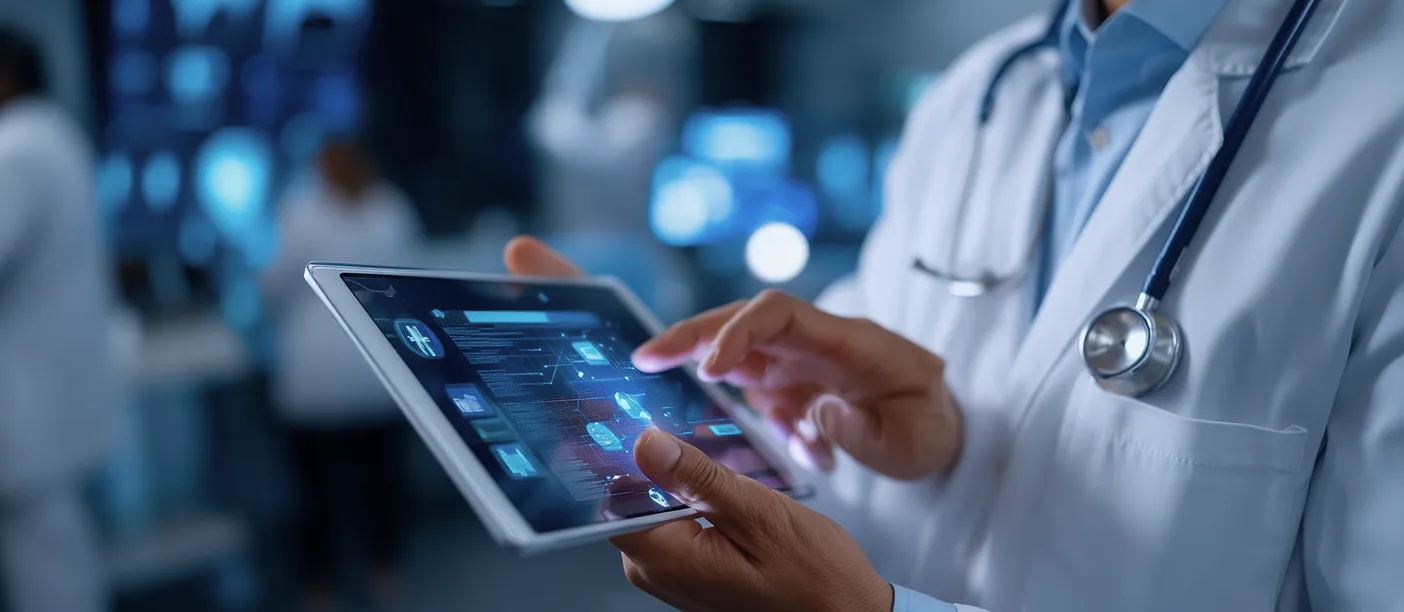 Doctor in white coat with stethoscope using a tablet displaying medical data and digital health icons.