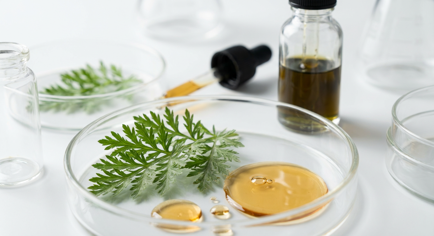 Close-up image of fresh Artemisia annua plant leaves, highlighting its vibrant green and texture, suitable for high-potency skincare ingredients.