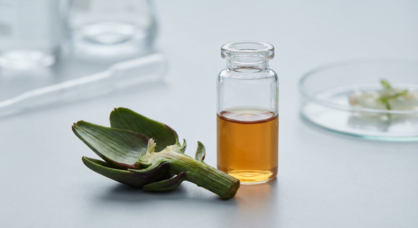 Artichoke leaf extract being scientifically analyzed in a laboratory setting, symbolizing the research behind its MMP-1 inhibitory properties and collagen preservation benefits