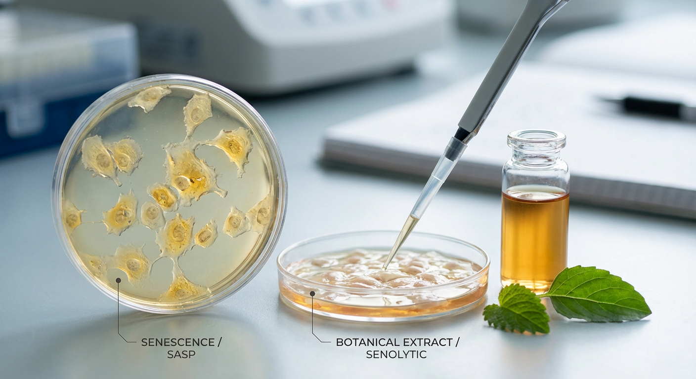 Microscopic view of senescent cells (zombie cells) within skin tissue, with glowing inflammatory markers, illustrating what is cellular senescence in skin.