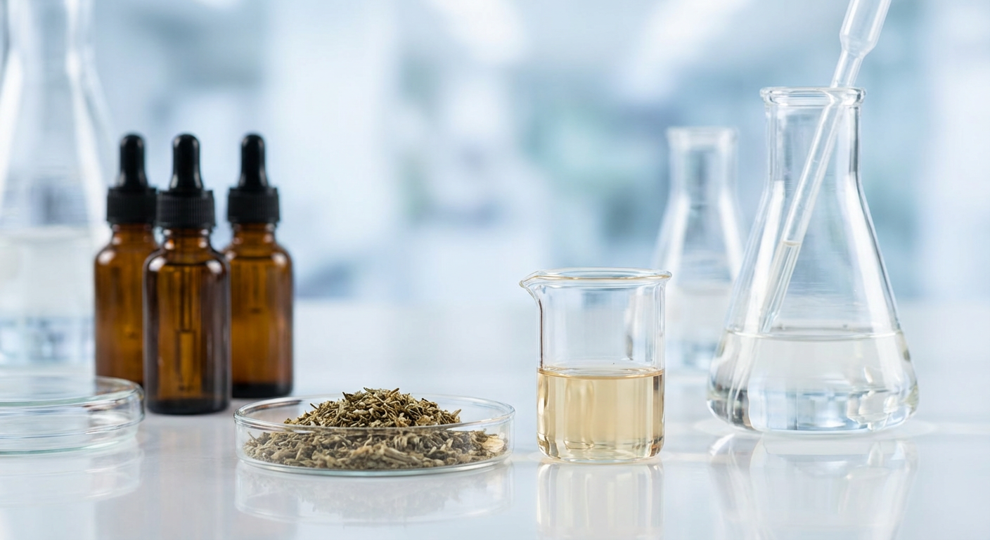 Microscopic view of skin cells showing NF-κB pathway components, with botanical extracts targeting the inflammatory response.