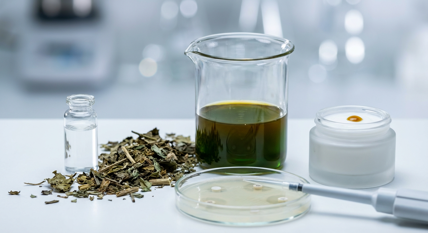Close-up of vibrant green Ocimum sanctum (Holy Basil) plant leaves growing under controlled vertical farm lights, illustrating sustainable and high-potency eugenol sourcing for cosmetics.