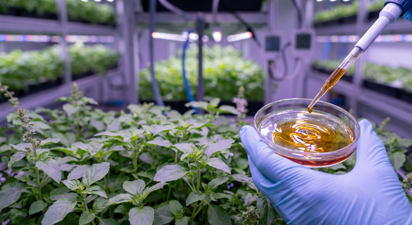 Close-up of vibrant green Ocimum sanctum (Holy Basil) plant leaves thriving under controlled grow lights in a vertical farm, symbolizing high eugenol tulsi extract potency from advanced cultivation.