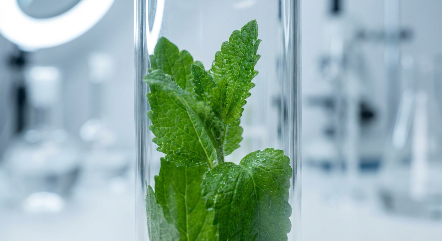 Close-up of vibrant green Melissa officinalis (Lemon Balm) leaves under controlled light, highlighting vertical farming's ability to enhance bioactives.