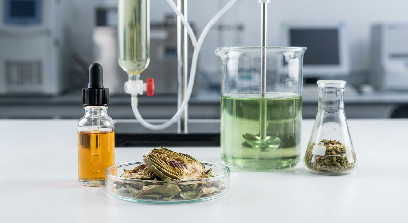 Close-up of fresh artichoke leaves, highlighting their texture and vibrant green color, symbolizing natural cosmetic ingredie