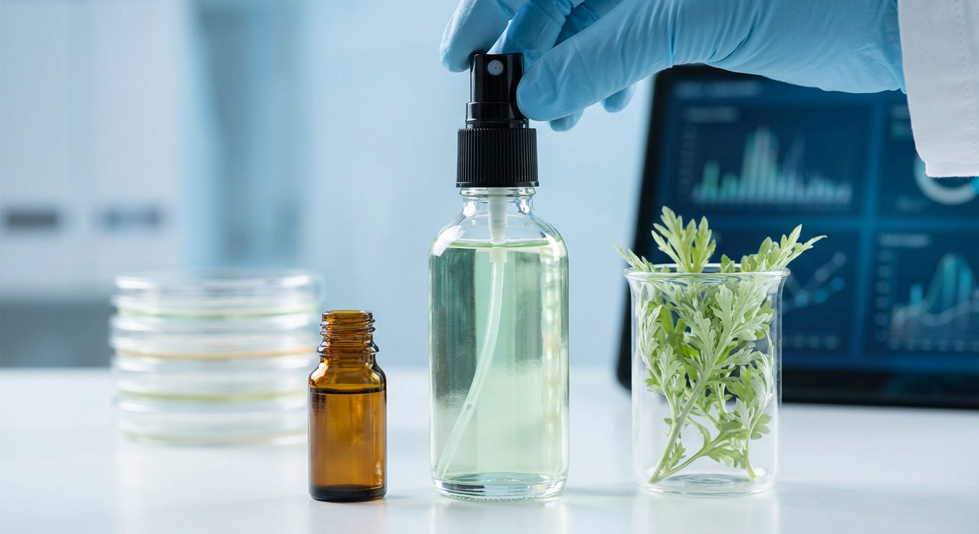 Close-up of a diverse array of fresh Artemisia annua plants growing under LED lights in a vertical farm