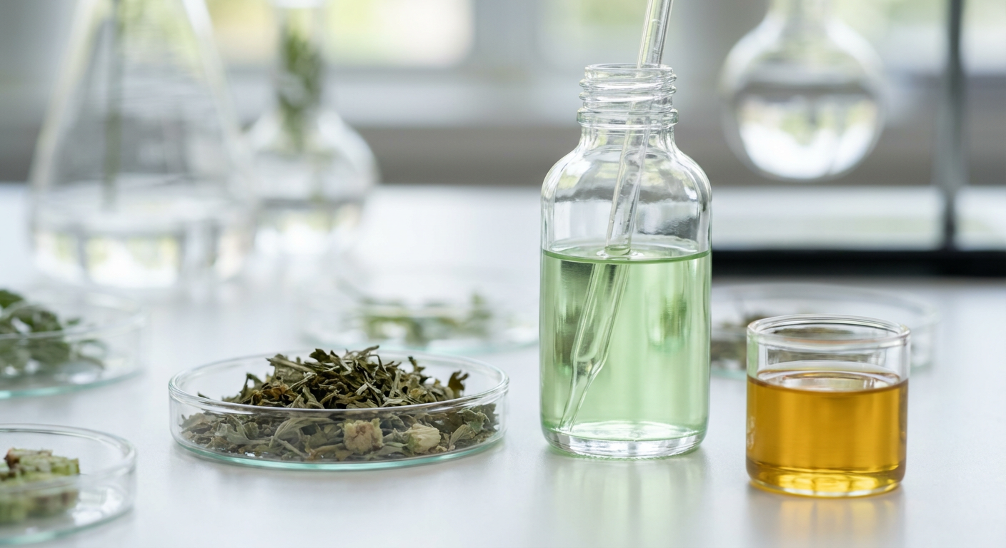 Close-up of Artemisia annua plant, showing its delicate leaves, conveying natural and potent botanical ingredients for skincare.