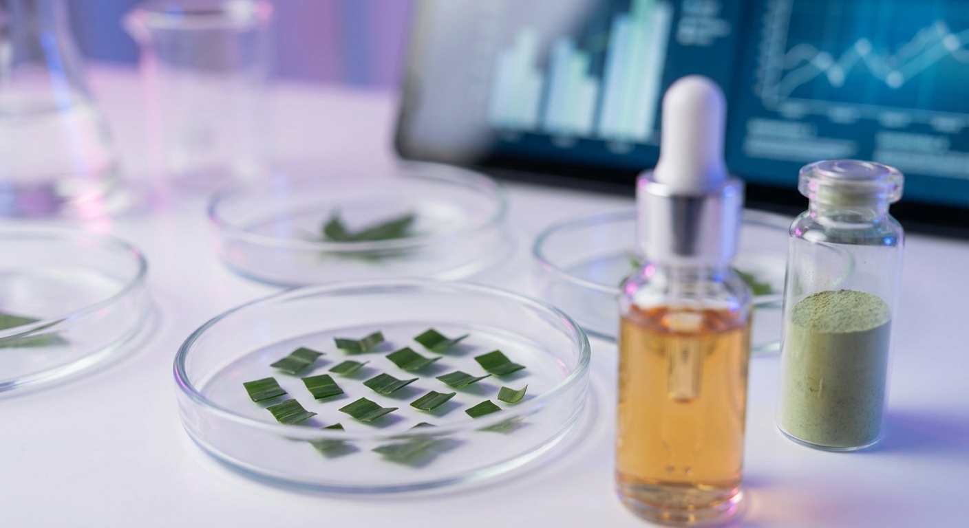 Botanical ingredients being tested in a laboratory setting at Supernormal Greens.