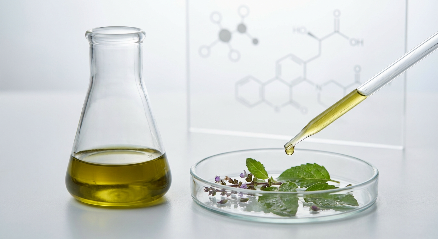 Close-up of fresh Ocimum sanctum (Holy Basil) leaves, showcasing vibrant green color and intricate vein patterns.