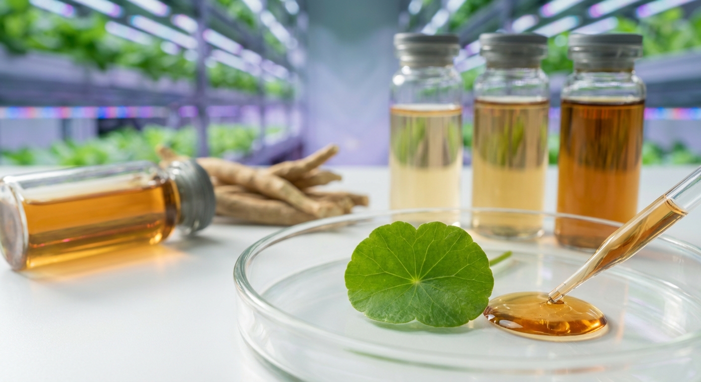 Close-up of vibrant green tulsi (Ocimum sanctum) leaves under controlled vertical farm lighting