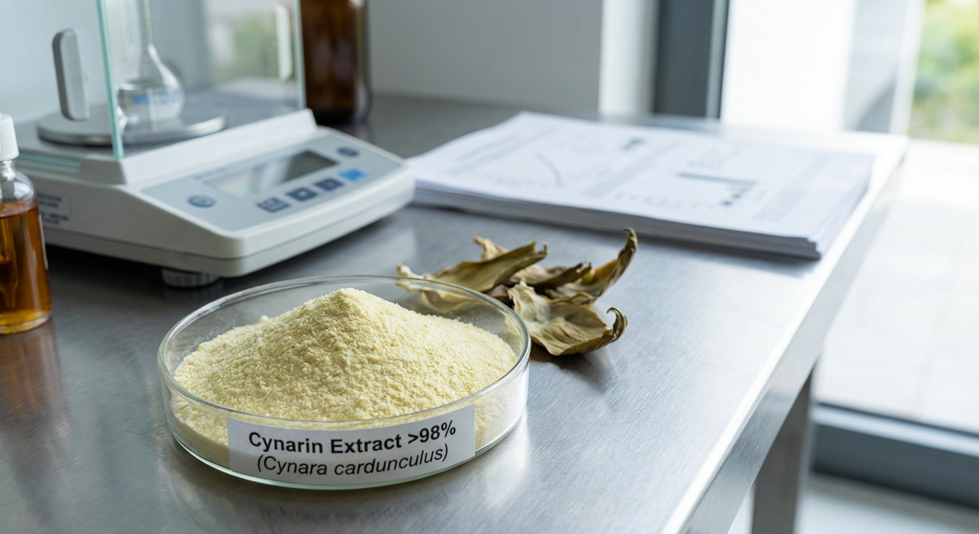 A close-up of green artichoke leaves, highlighting the natural source of cynarin, on a dark, scientific-looking background.