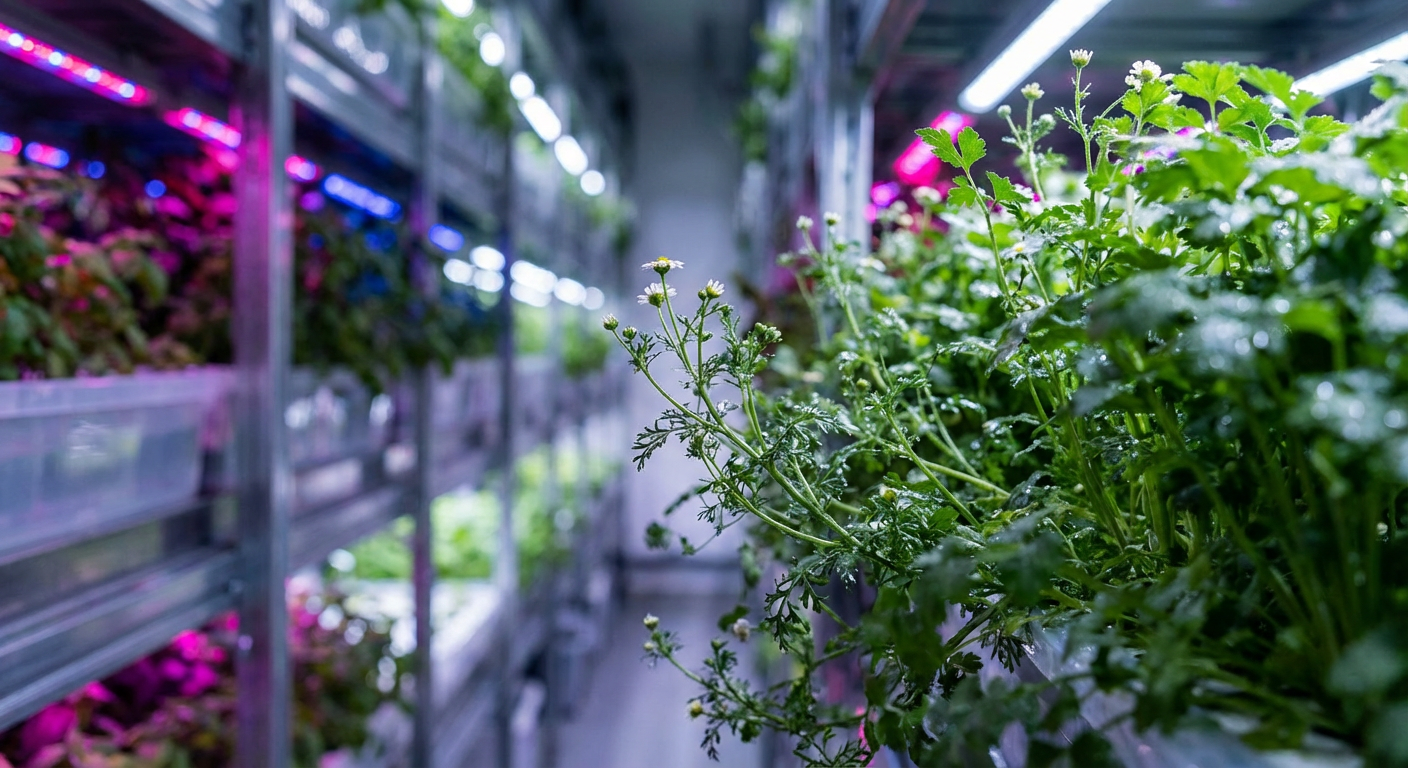 A vibrant vertical farm illustrating advanced CEA for cosmetic ingredients