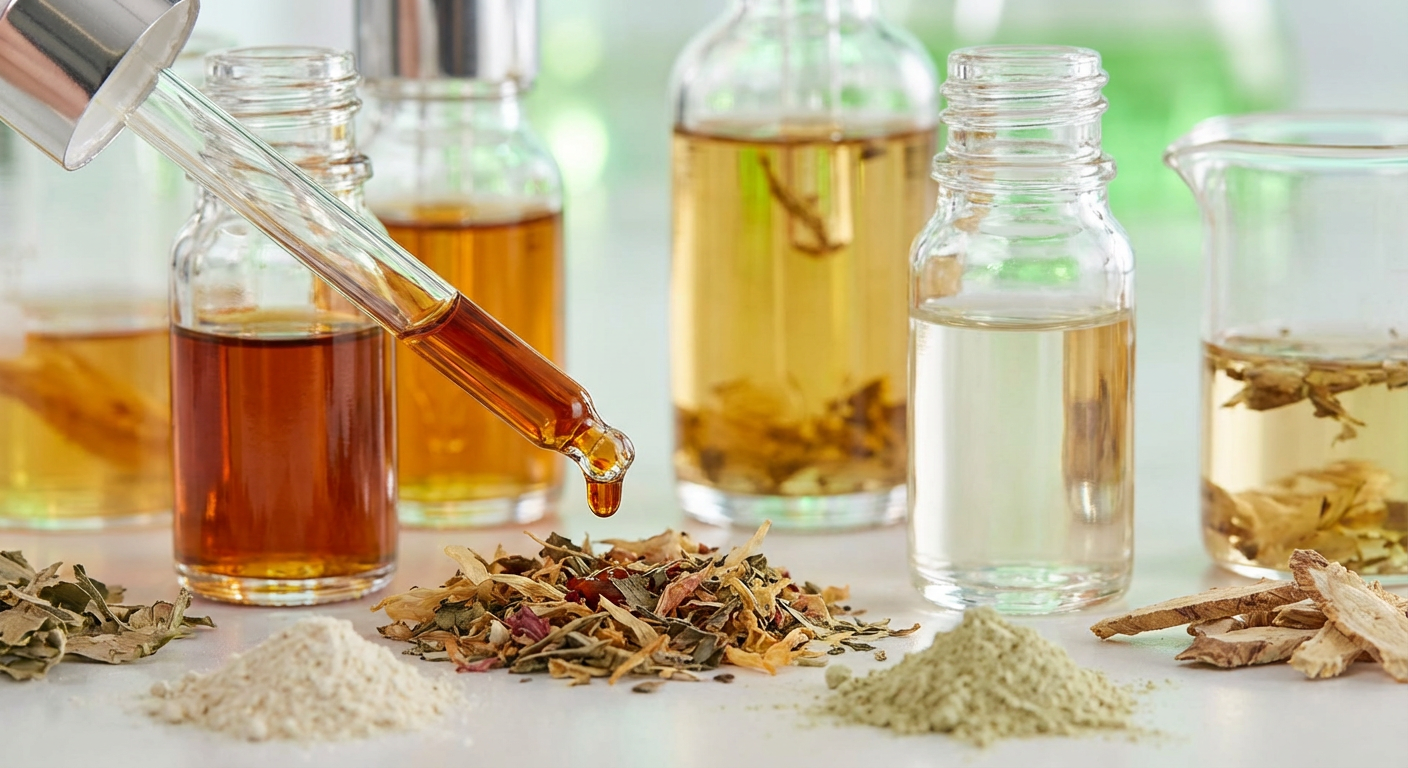 A close-up of various ingestible beauty products, including capsules, gummies, and powders, alongside natural botanical ingredients.