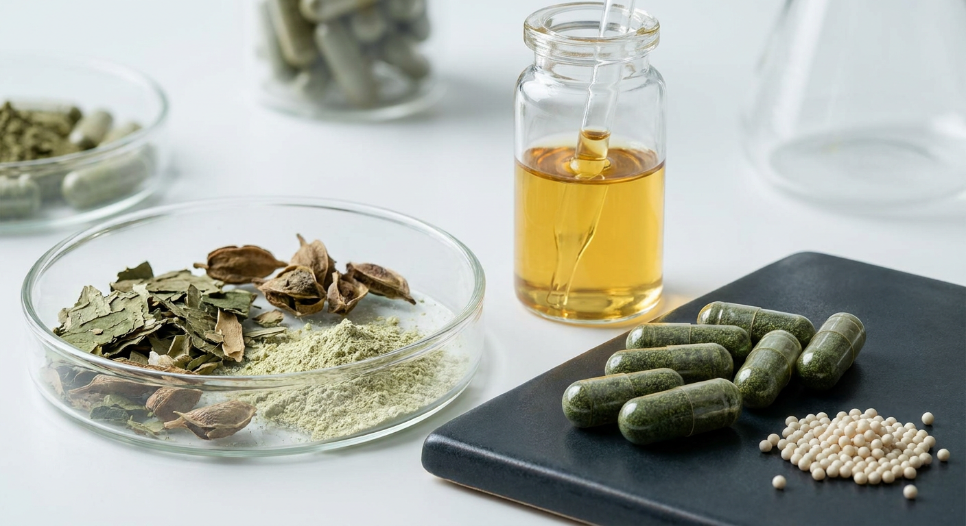 Array of various botanical ingredients and supplement forms like capsules and powders for ingestible beauty products