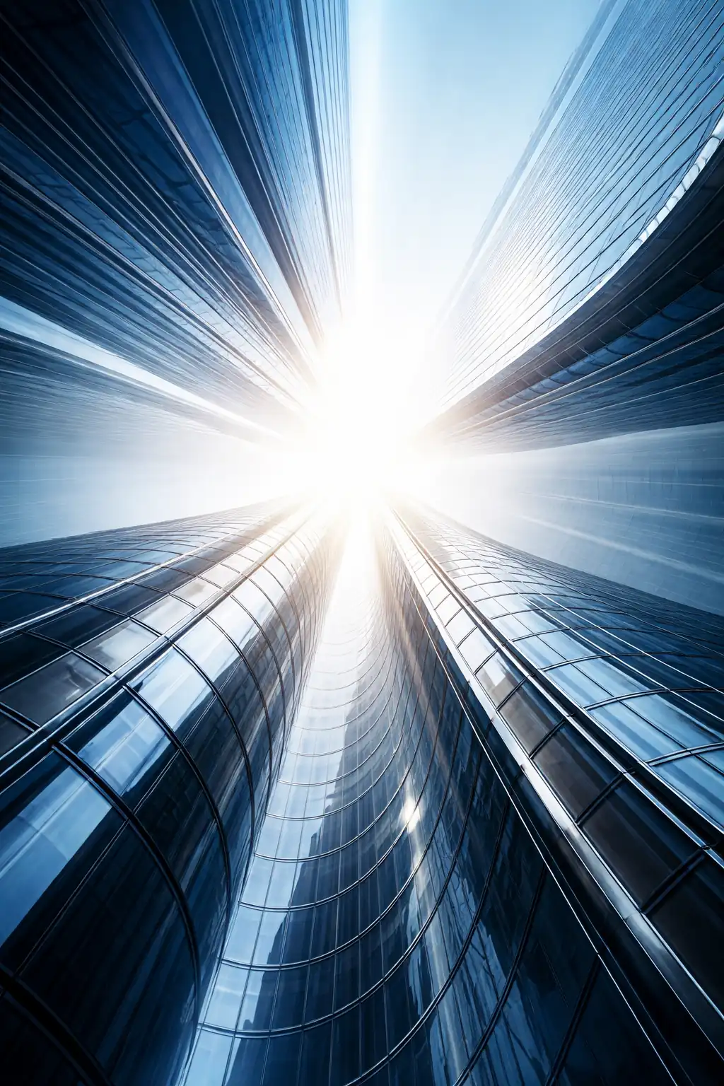 View looking up at modern glass skyscrapers with bright sunlight shining between them.
