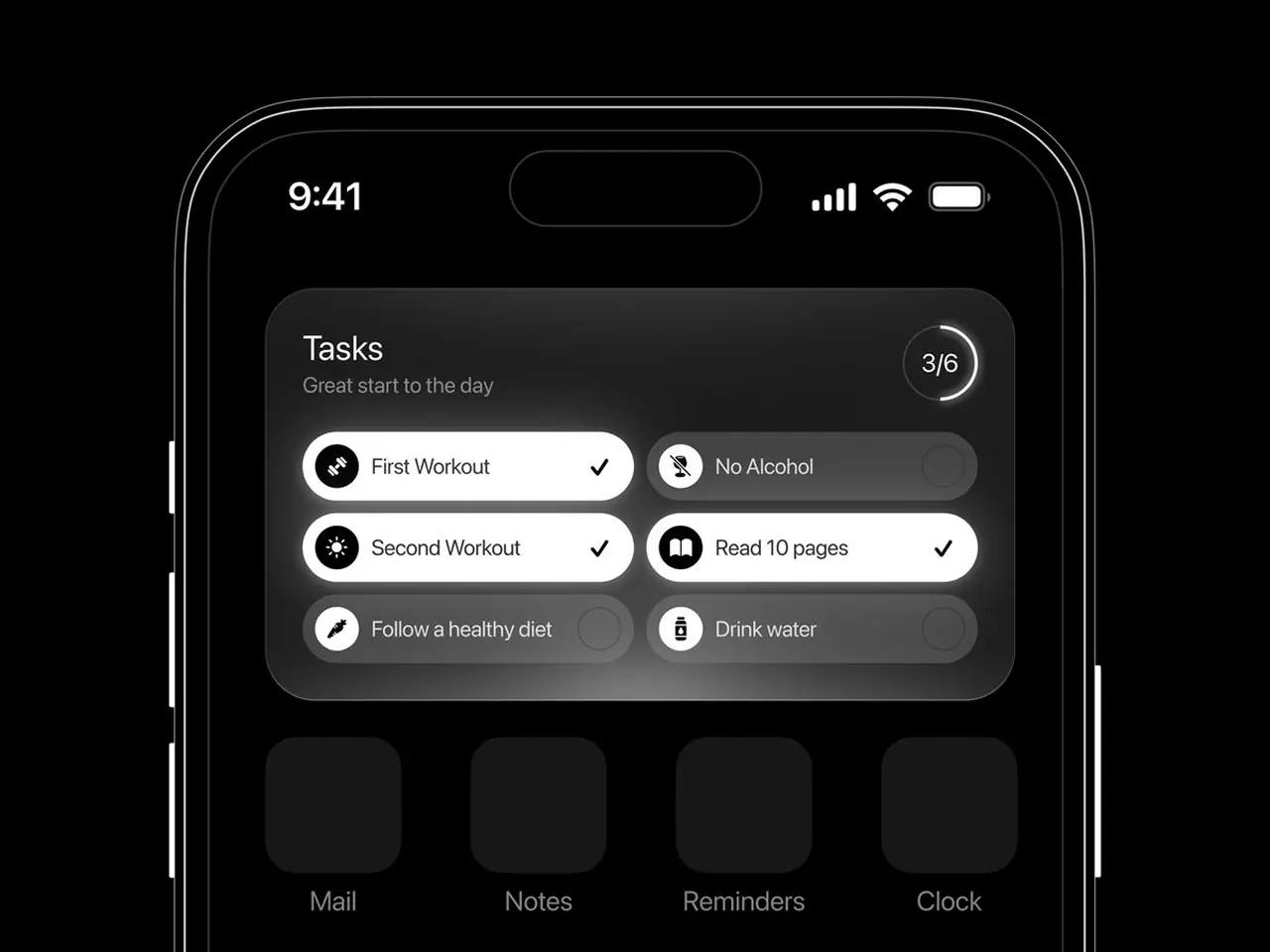 Smartphone screen showing a tasks widget with six tasks, three checked as completed: First Workout, Second Workout, and Read 10 pages.