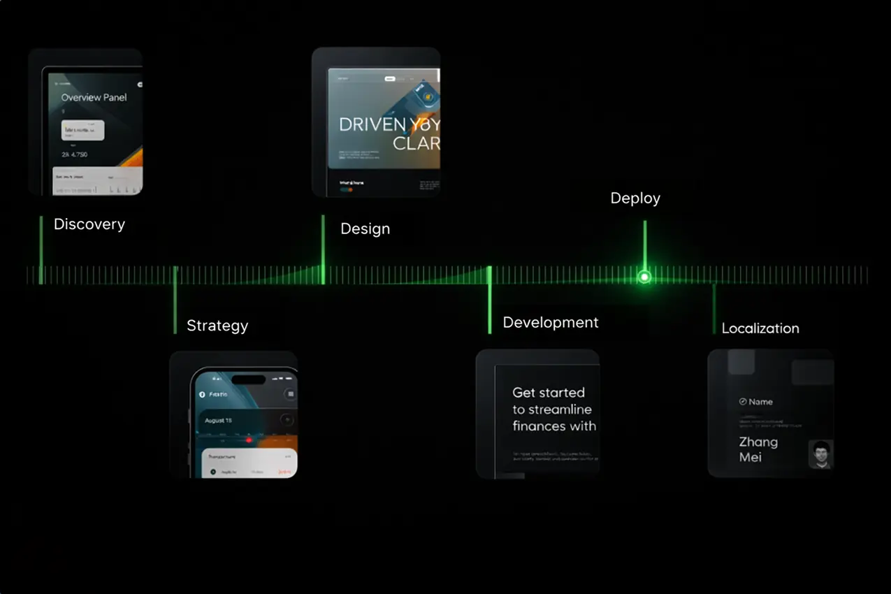 Project progress timeline with stages Discovery, Strategy, Design, Development, Deploy, and Localization, each accompanied by related screenshots.