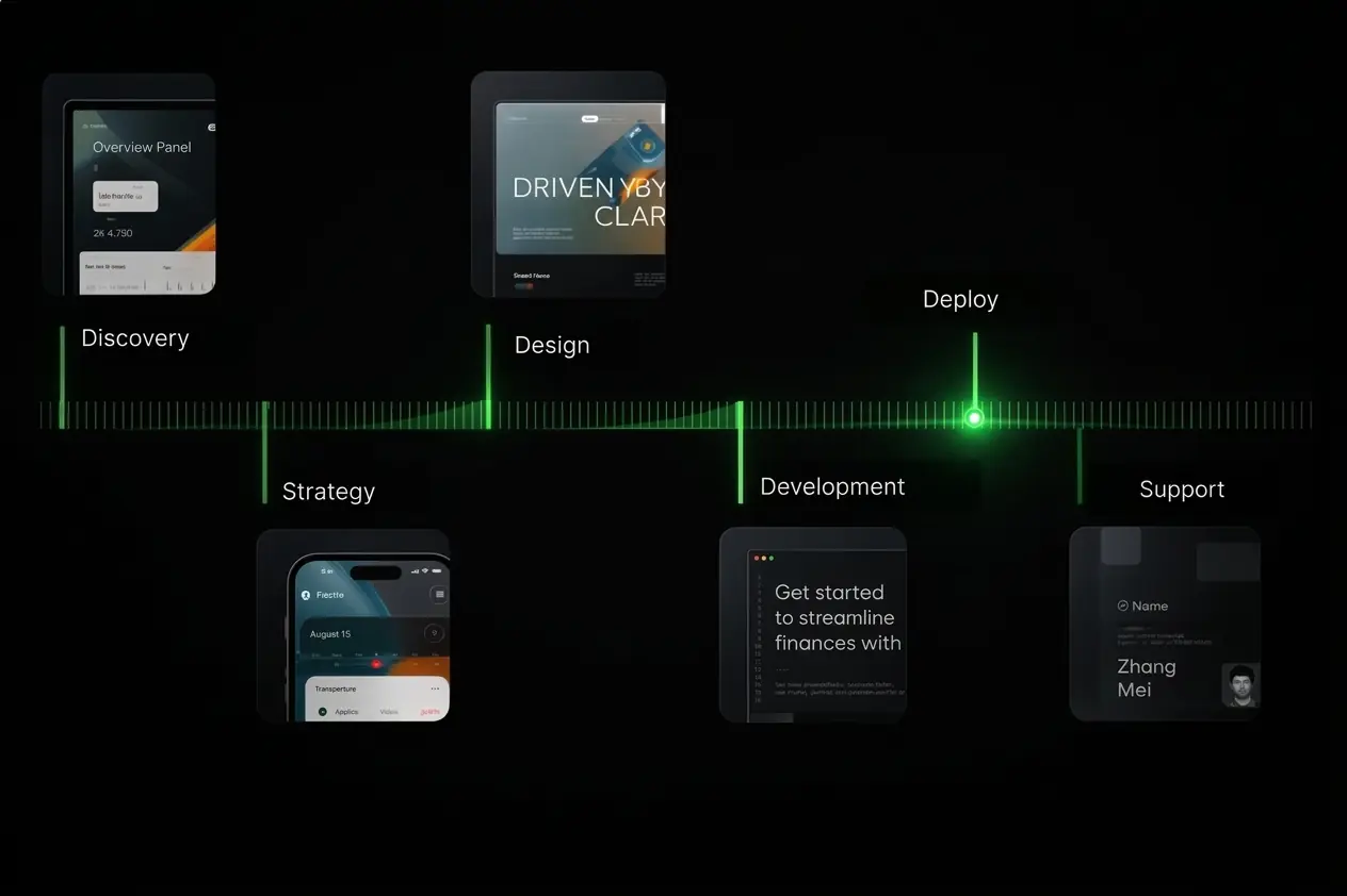 Project progress timeline with stages Discovery, Strategy, Design, Development, Deploy, and Localization, each accompanied by related screenshots.
