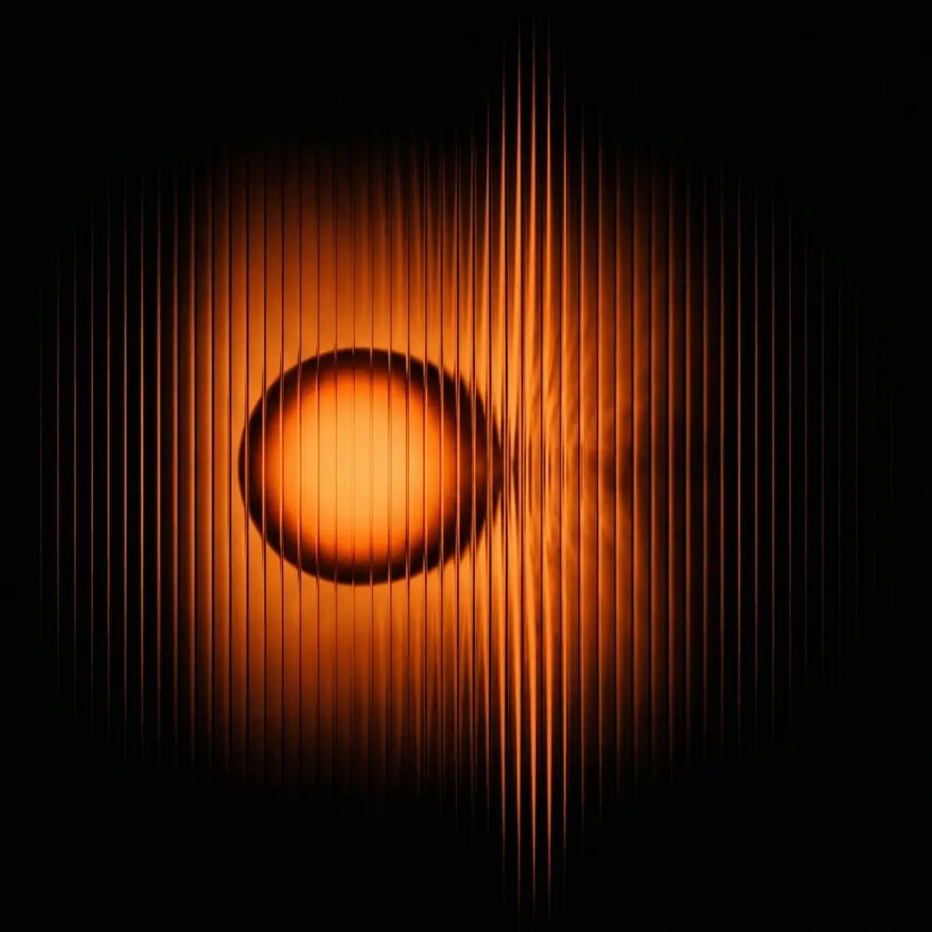 Orange glowing orb behind vertical black bars creating a striped light and shadow pattern on a black background.