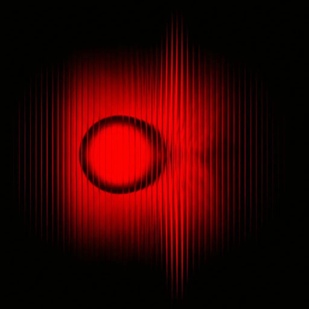 Orange glowing orb behind vertical black bars creating a striped light and shadow pattern on a black background.
