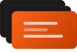Three overlapping cards with black and orange backgrounds, the front orange card has three horizontal stripes.