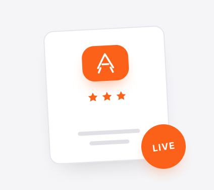 Card with orange icon showing letter A, three stars below it, and an orange circle labeled LIVE