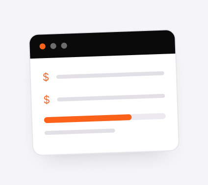 Stylized browser window showing two dollar sign lines and a progress bar on the third line.