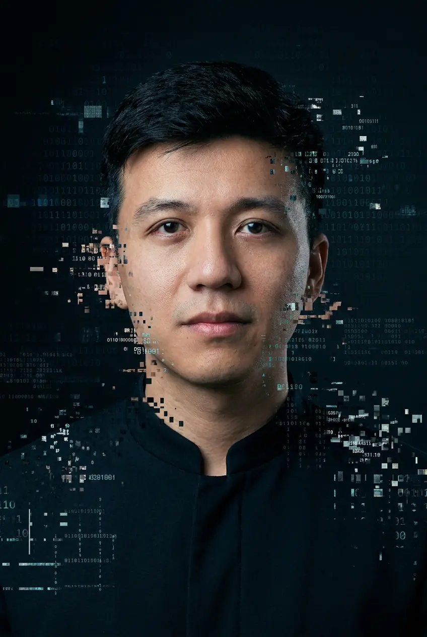 Portrait of a young man with short dark hair wearing a white polo shirt against a black background.
