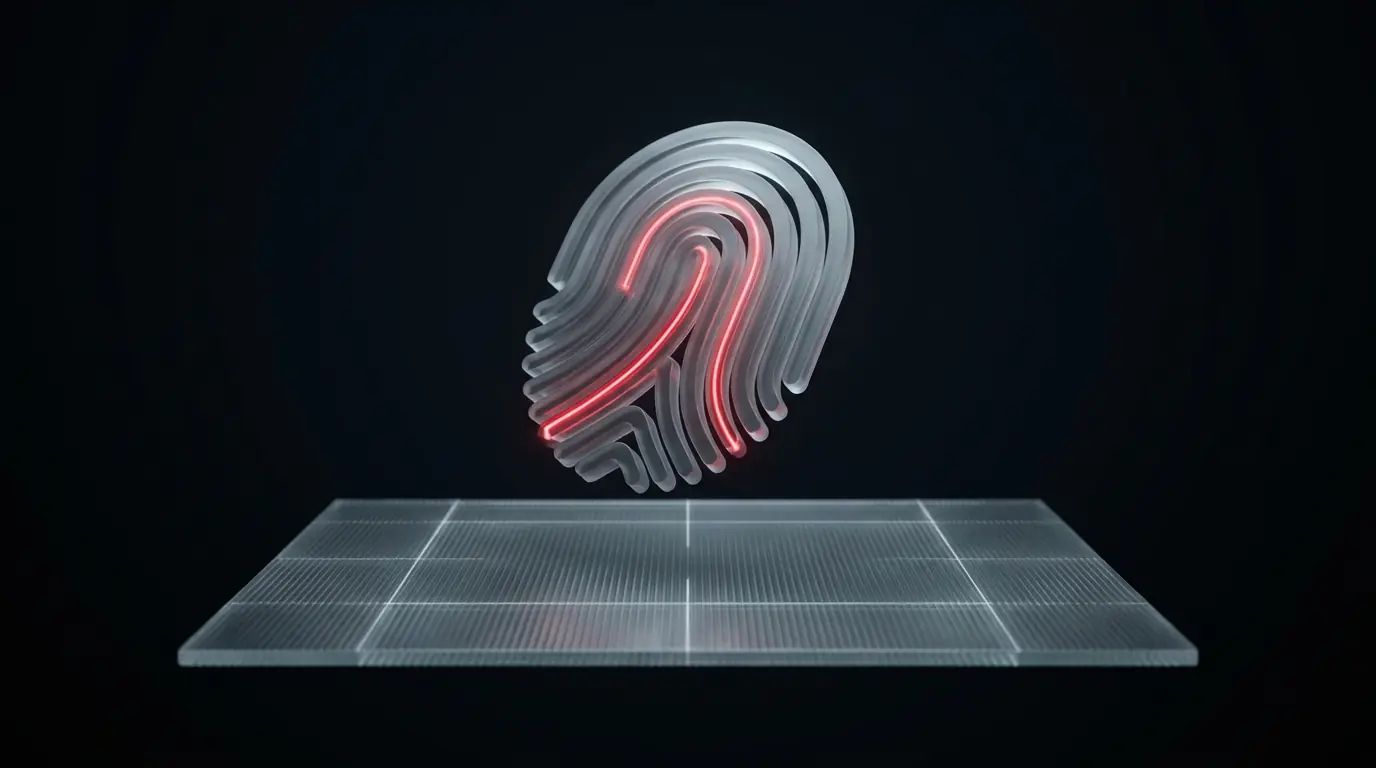 3D fingerprint with illuminated red lines hovering above a translucent grid platform on black background.