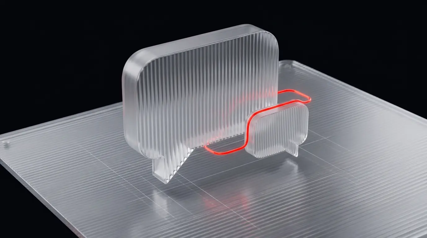 Two transparent speech bubbles, one larger and one smaller, on a textured surface with red neon outline.