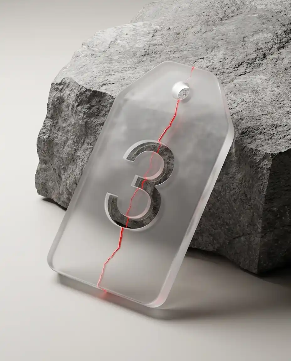 Transparent tag with number 3 and a glowing red crack leaning against textured gray rock.